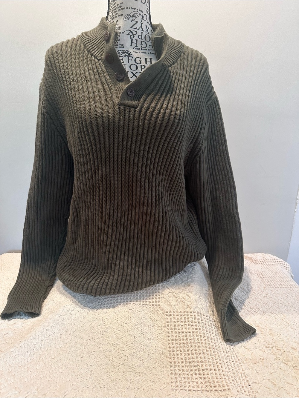 L.L. Bean Olive Ribbed Button-Neck Sweater - Picture 2 of 8